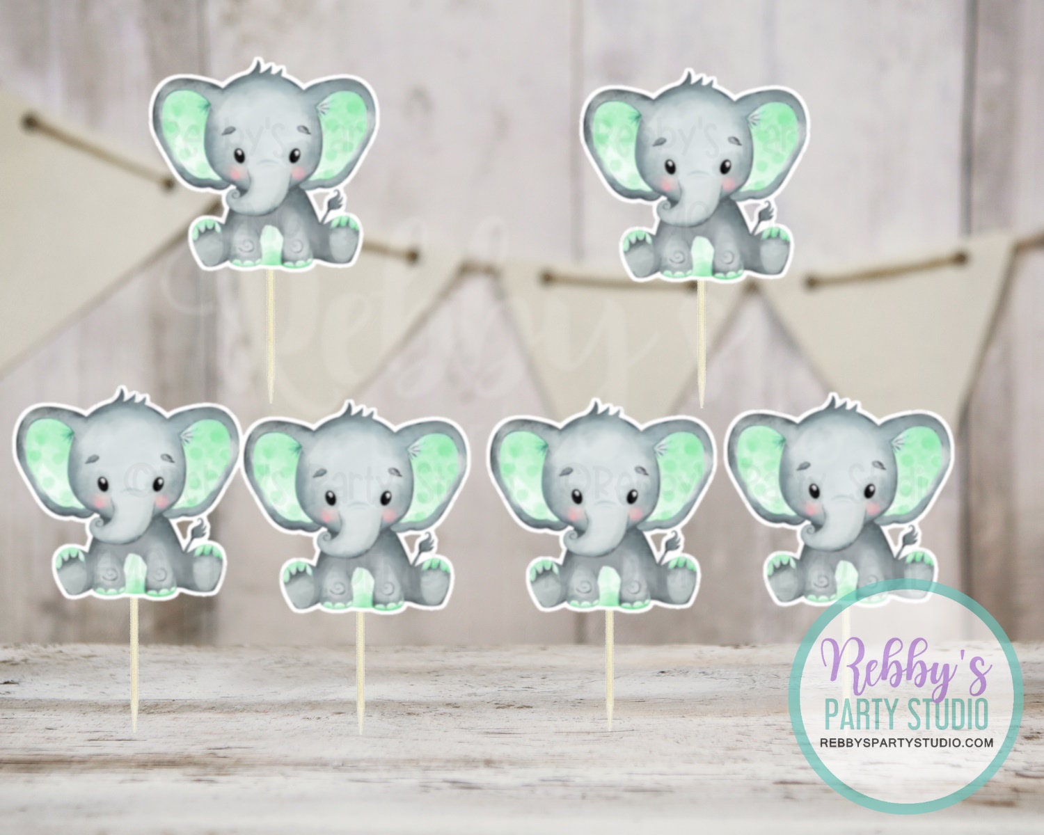 Boy Elephant Theme  - Set of 12 Green Elephant Baby Shower Cupcake Toppers