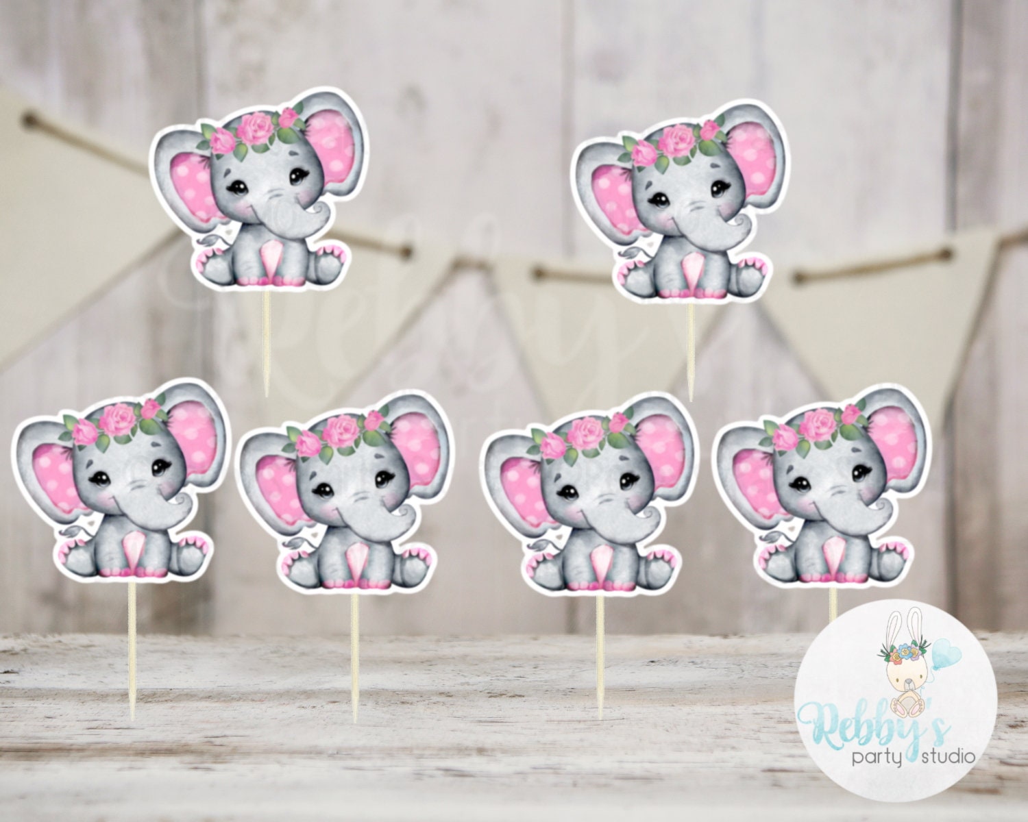 Girl Elephant Theme  - Set of 12 Pink Flower Elephant Baby Shower Cupcake Toppers