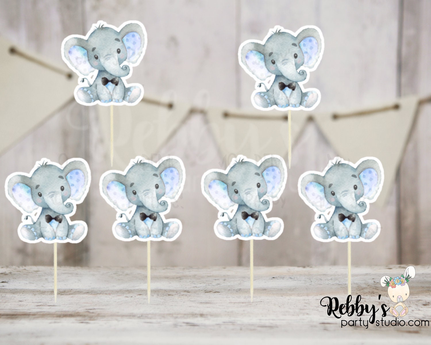 Boy Elephant Theme  - Set of 12 Blue Elephant with Tie Baby Shower Cupcake Toppers
