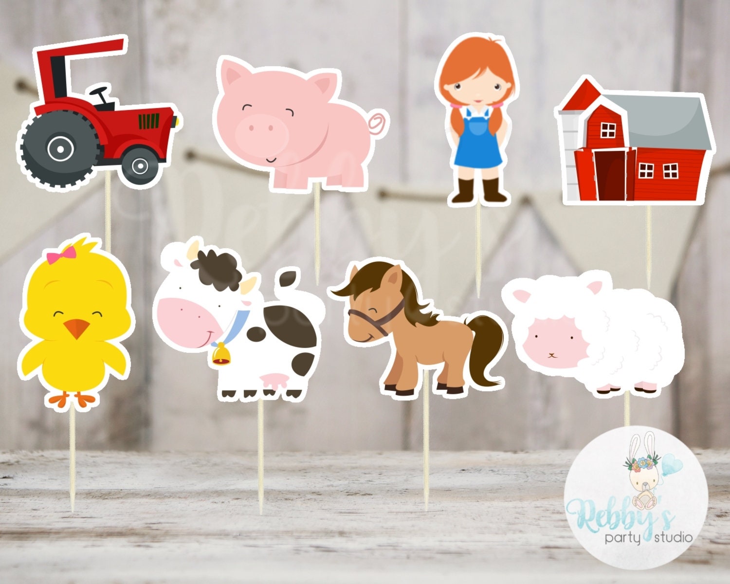 Girl Barnyard Theme Party - Set of 16 Assorted Farm Animals Cupcake Toppers #153