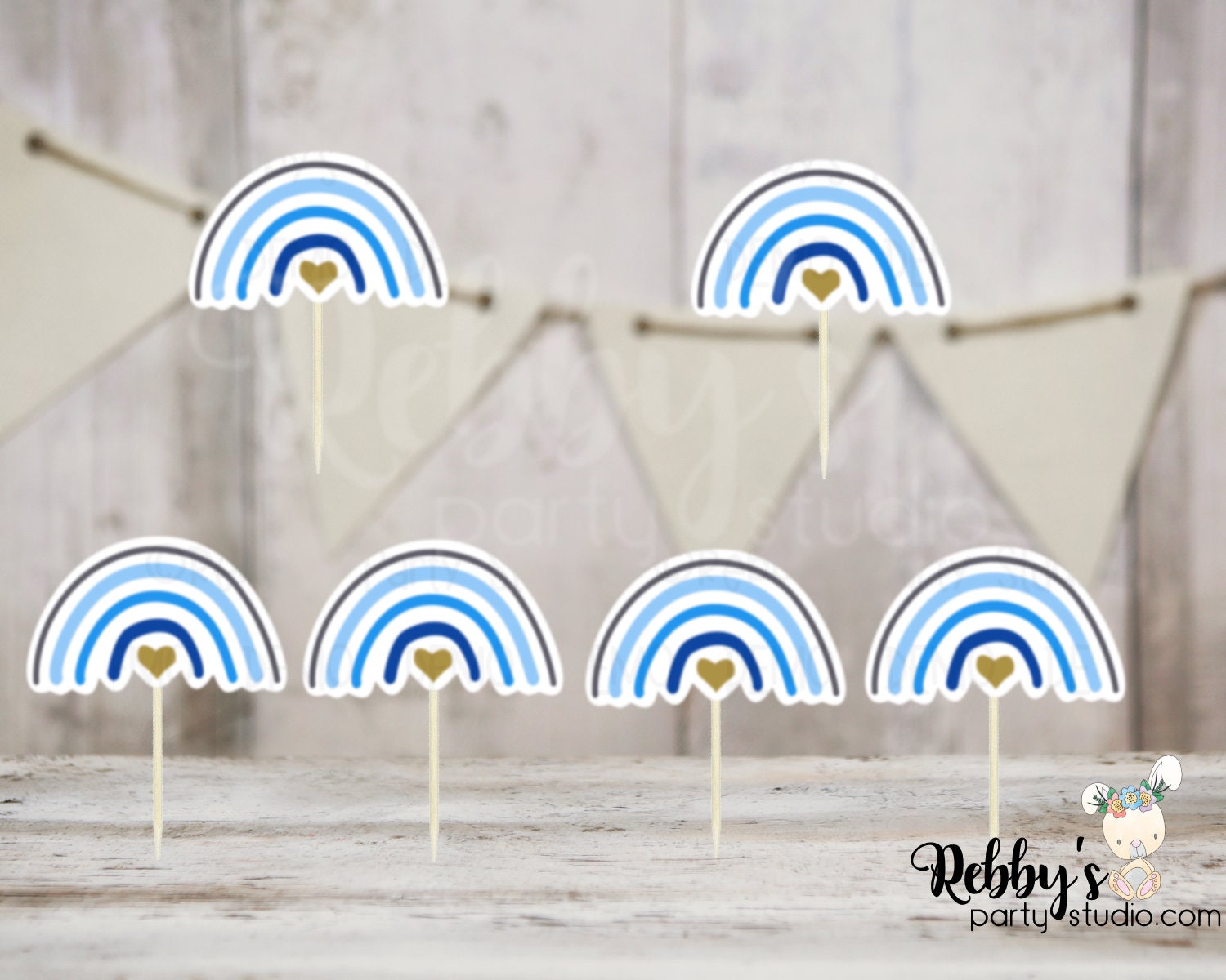 Nordic Rainbow Theme  - Set of 12 Blue Nordic Rainbow Baby Shower Birthday Party Cupcake Toppers