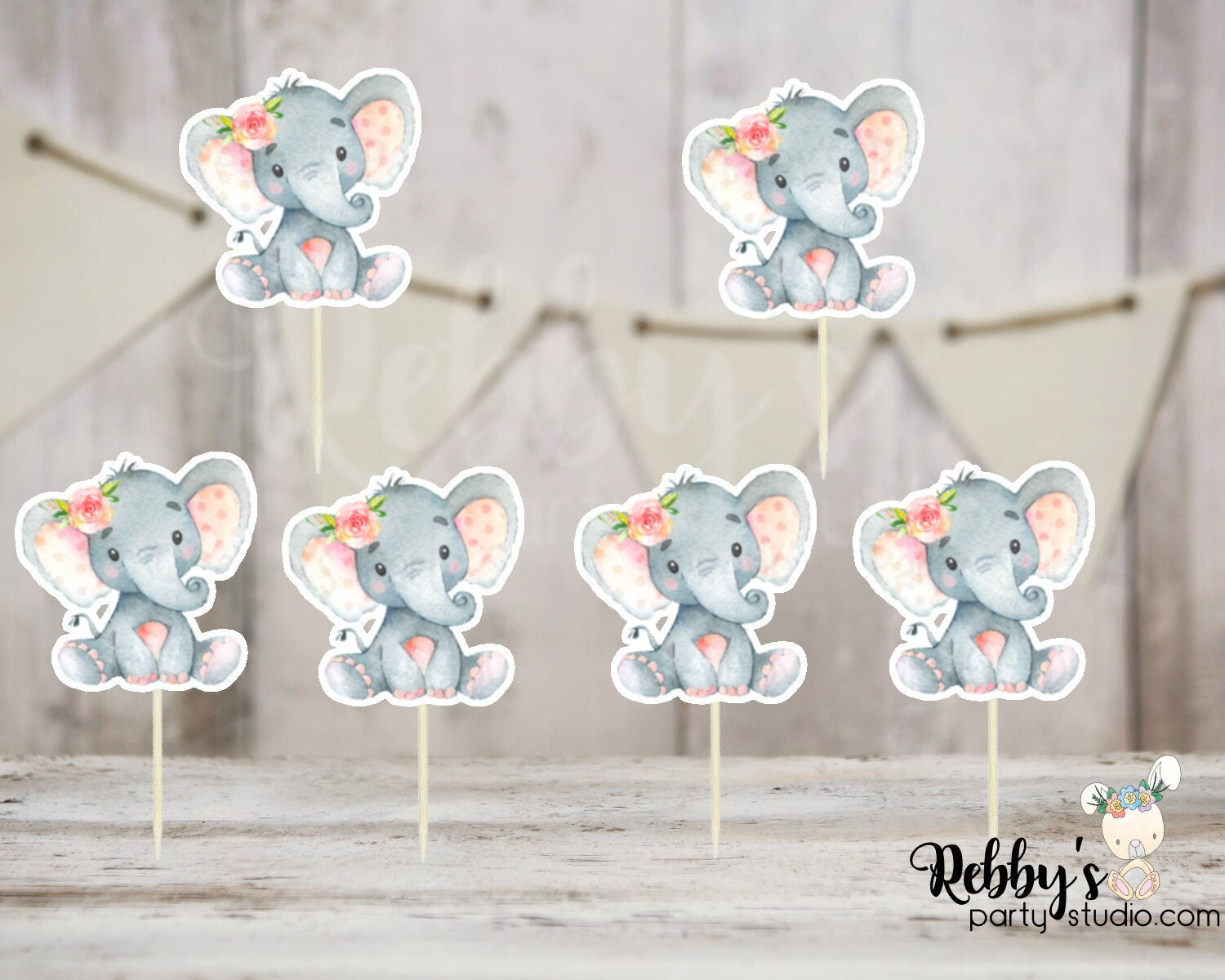Girl Elephant Theme  - Set of 12 Pink Peach Flower Elephant Baby Shower Cupcake Toppers