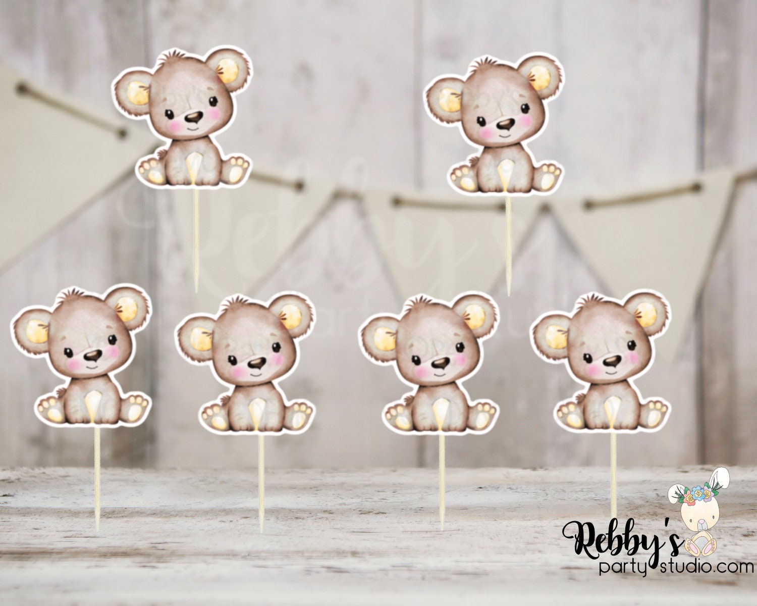 Bear Theme  - Set of 12 Yellow Brown Bear Baby Shower Cupcake Toppers