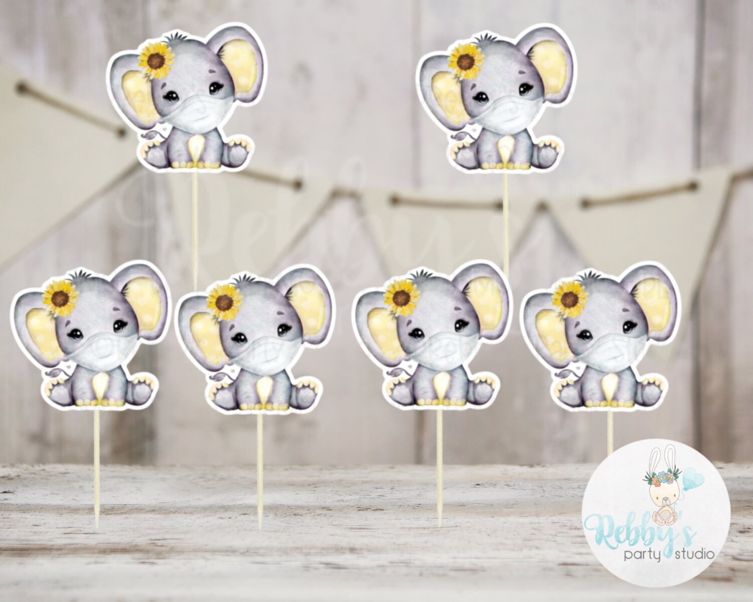Sunflower Elephant Theme  - Set of 12 Yellow Elephant in Mask Baby Shower Cupcake Toppers