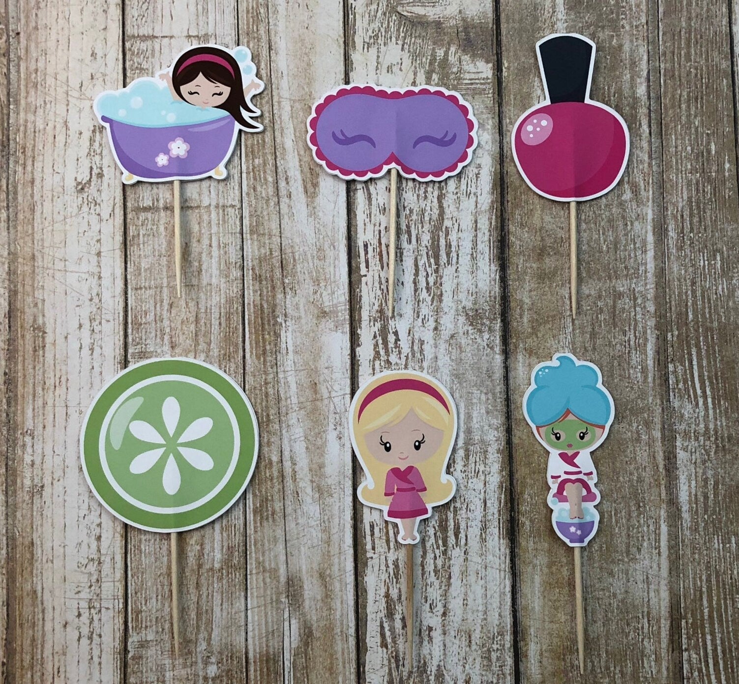 Spa Theme Party - Set of 12 Assorted Spa Girl Party Cupcake Toppers - #125