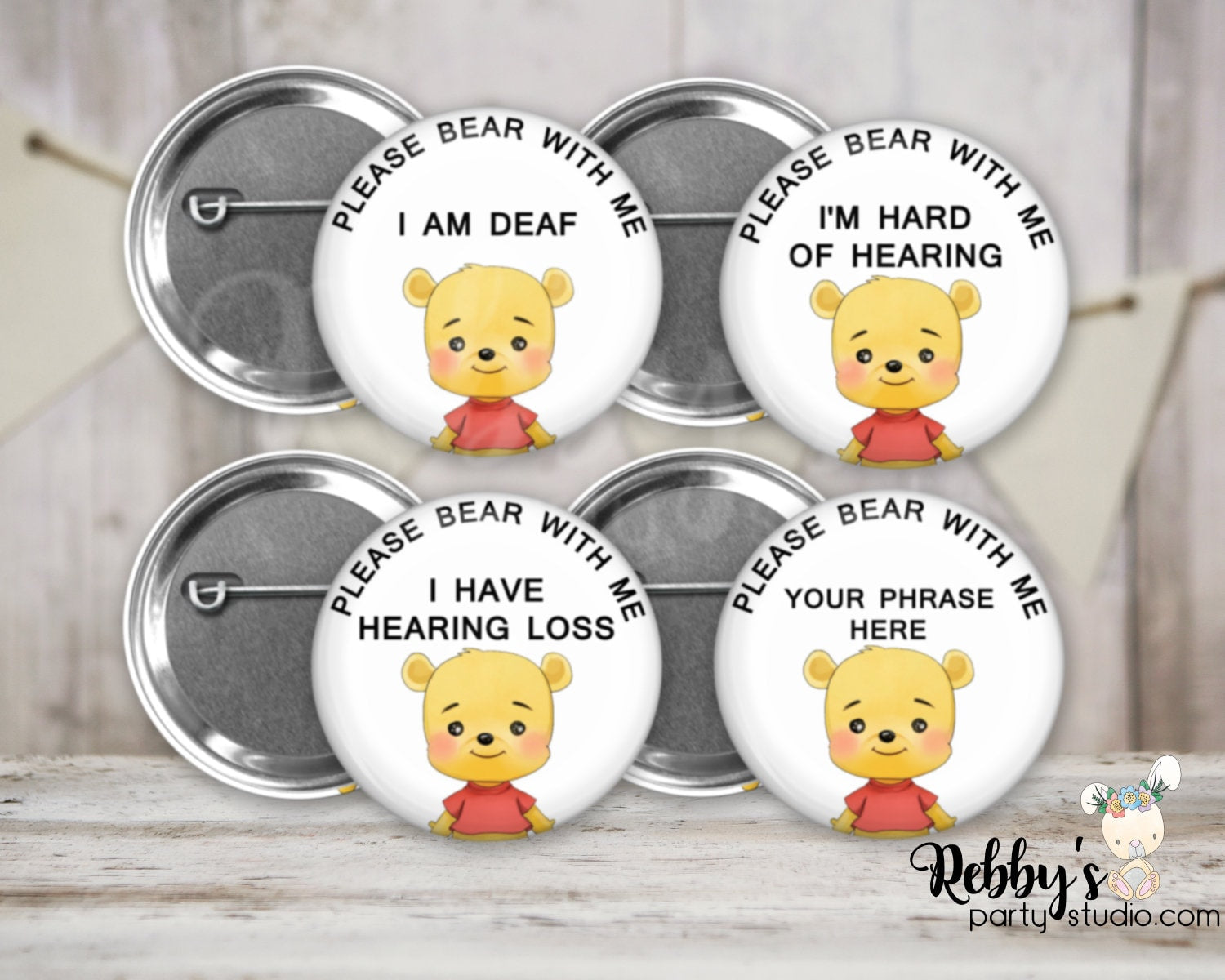 Please Bear With Me I Have Hearing Loss Pin Button, Hard of Hearing Badge, Custom Hearing Impaired Button, Available in 4 different Sizes