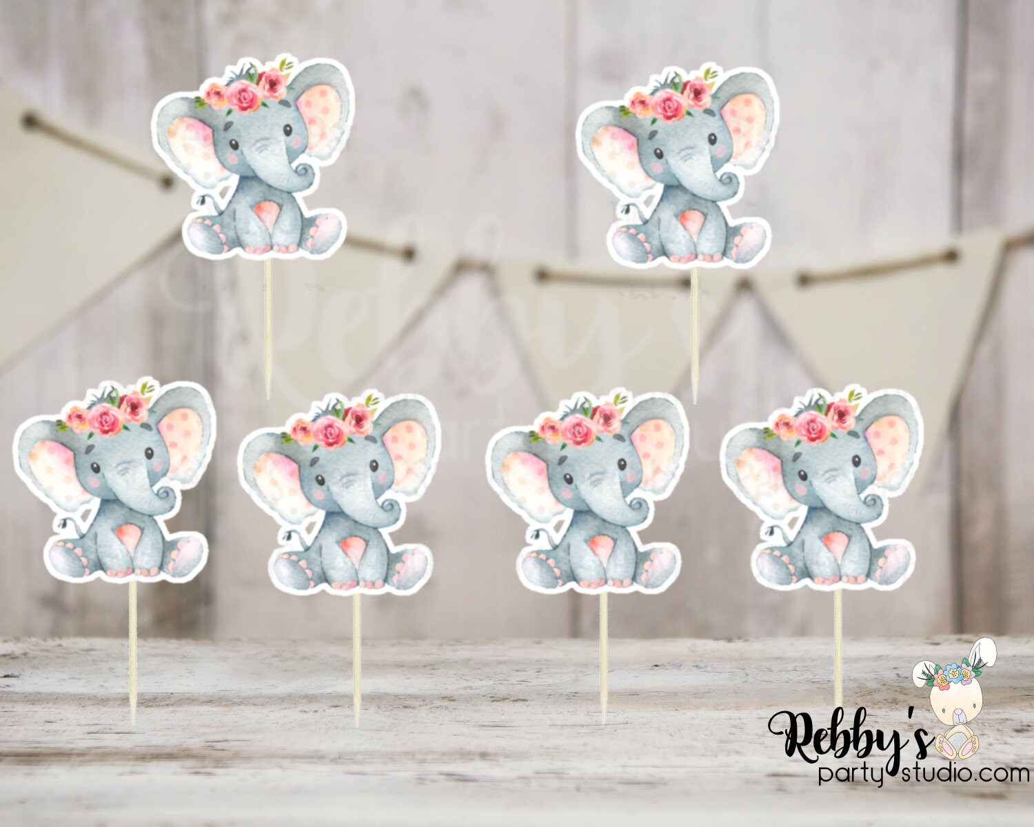 Girl Elephant Theme  - Set of 12 Pink Peach Wreath Floral Elephant Baby Shower Cupcake Toppers
