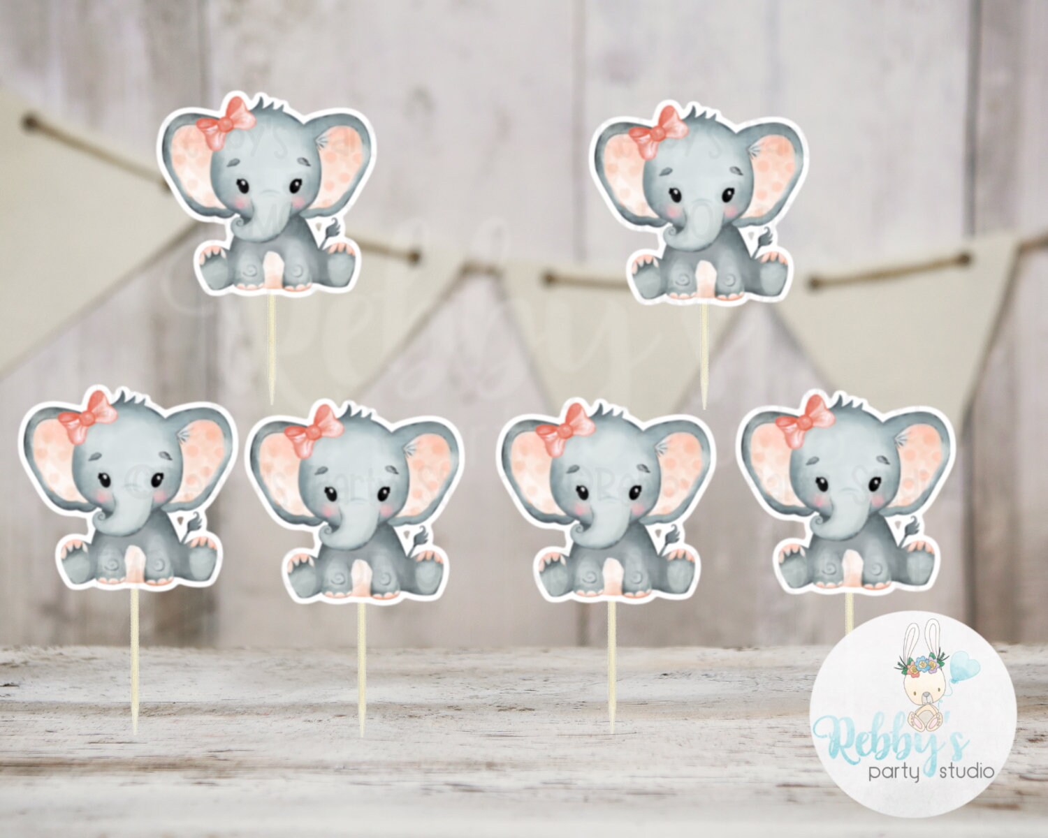 Girl Elephant Theme  - Set of 12 Peach Elephant Baby Shower Cupcake Toppers