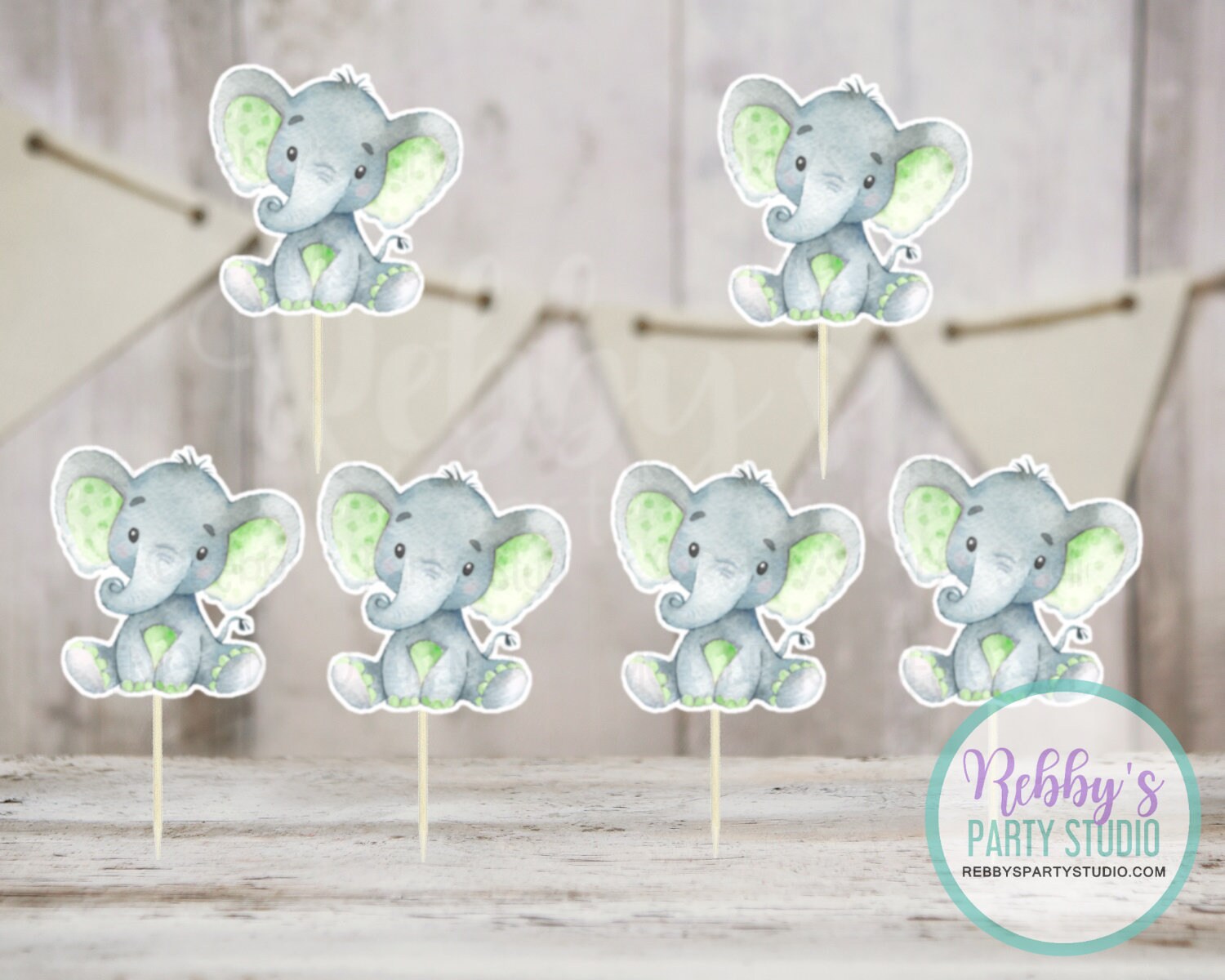 Elephant Theme - Set of 12 Green Elephant Baby Shower Cupcake Toppers