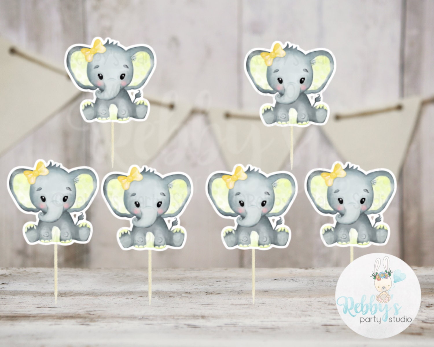 Girl Elephant Theme  - Set of 12 Yellow Elephant Baby Shower Cupcake Toppers