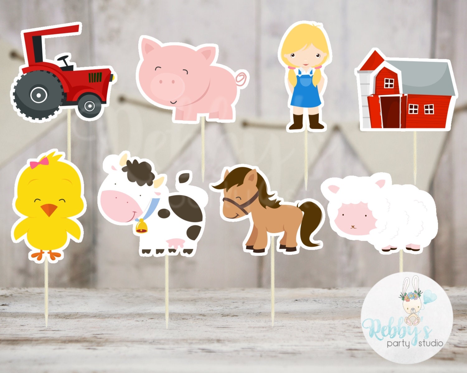 Girl Barnyard Theme Party - Set of 16 Assorted Farm Animals Cupcake Toppers #145