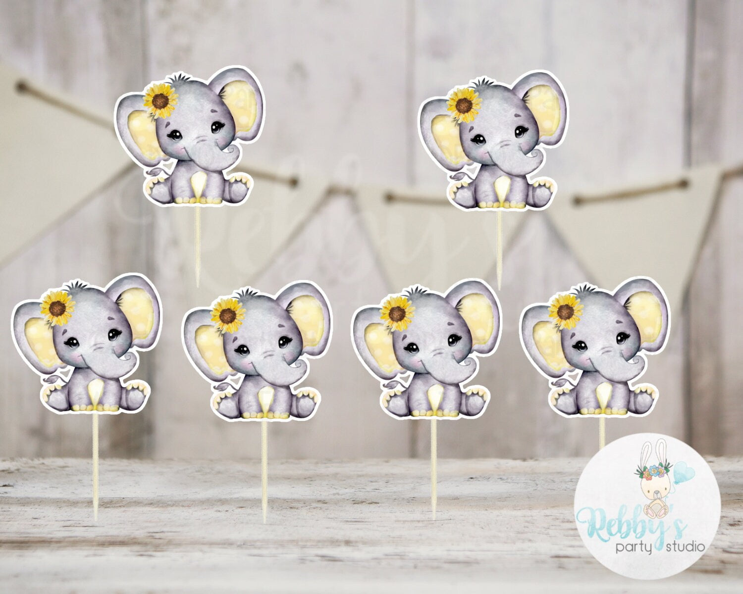 Sunflower Elephant Theme  - Set of 12 Yellow Elephant Baby Shower Cupcake Toppers