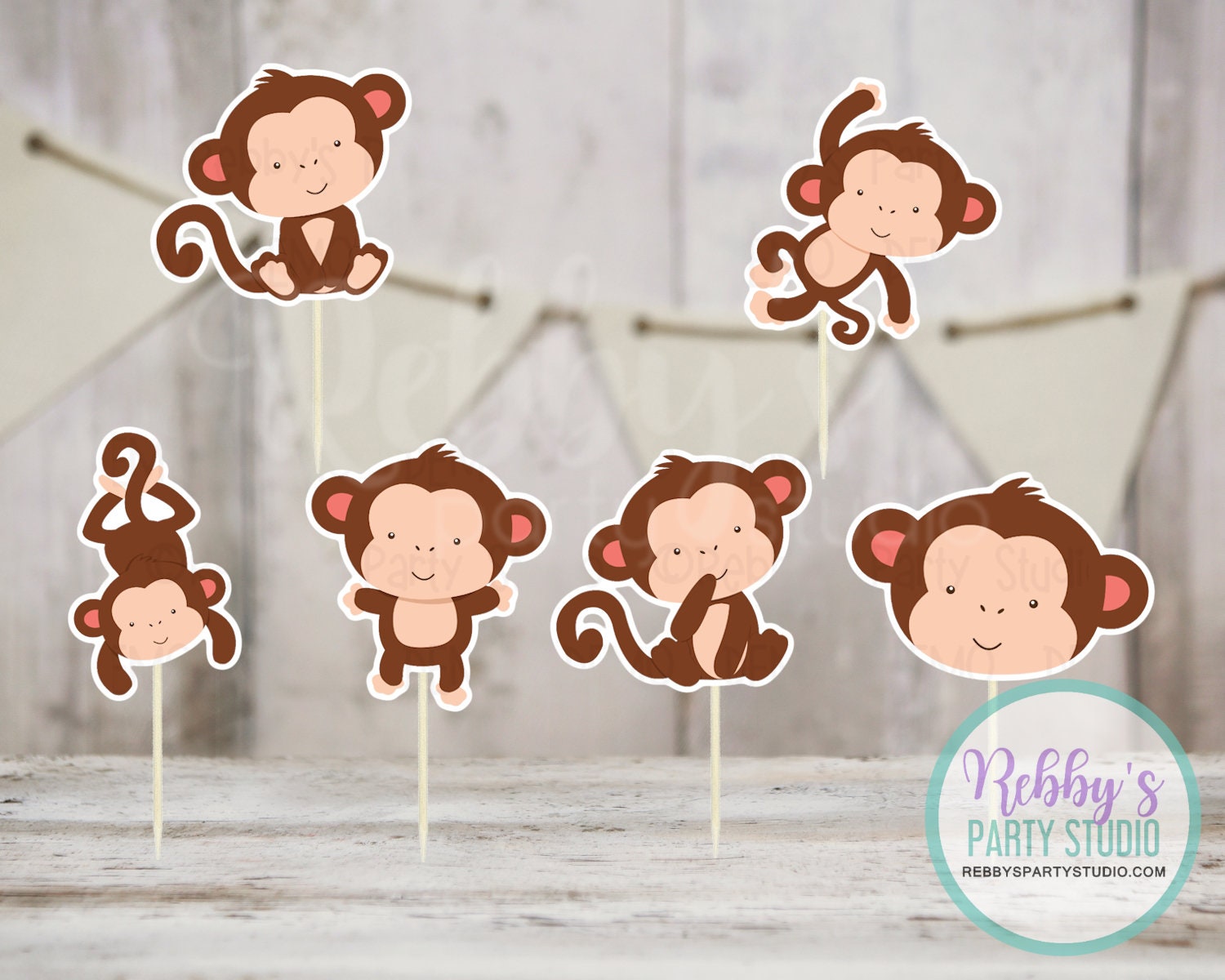 Monkey Theme Party - Set of 12 Assorted Monkey Cupcake Toppers