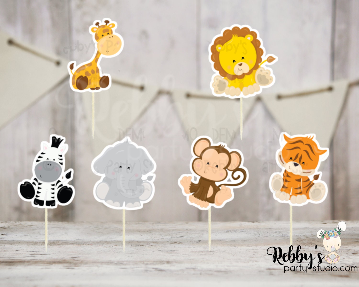 Baby Safari Party - Set of 12 Assorted Baby Safari Animals Cupcake Toppers