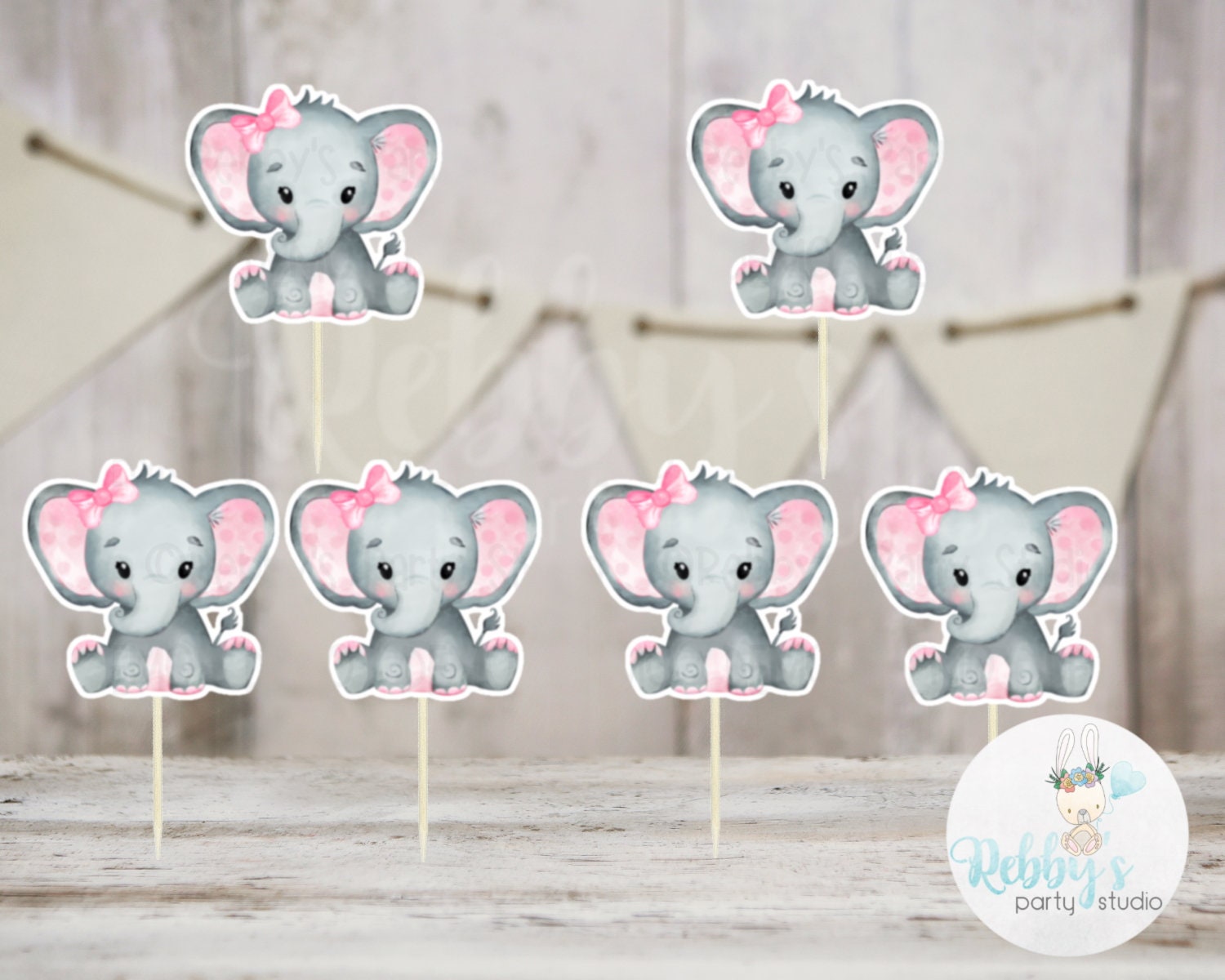 Girl Elephant Theme  - Set of 12 Pink Elephant Baby Shower Cupcake Toppers