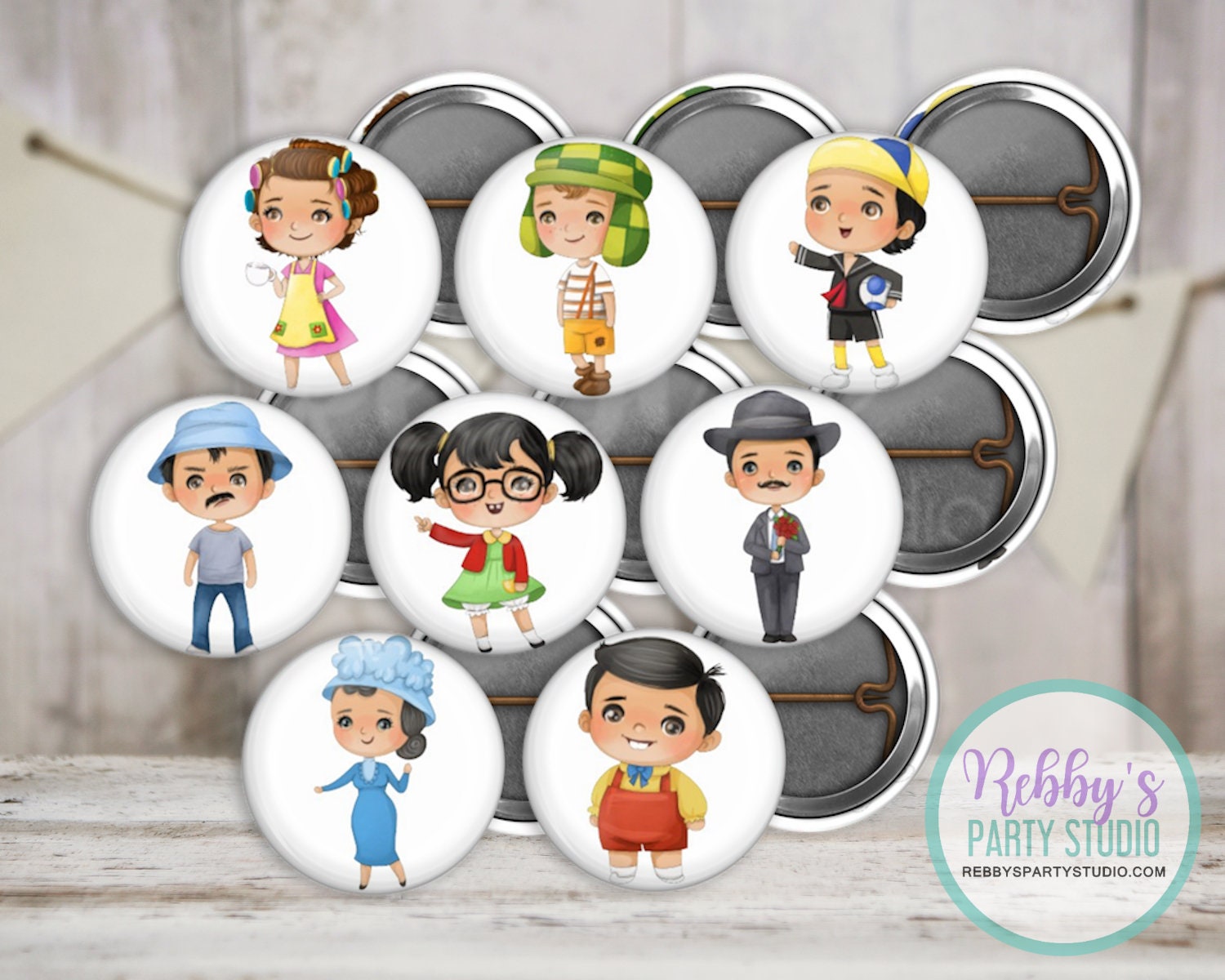 El Chavo Theme 1" inch Chavo assorted Mini Pin Buttons Birthday Party Favors Hairbow Centers Scrapbooking Event Buttons