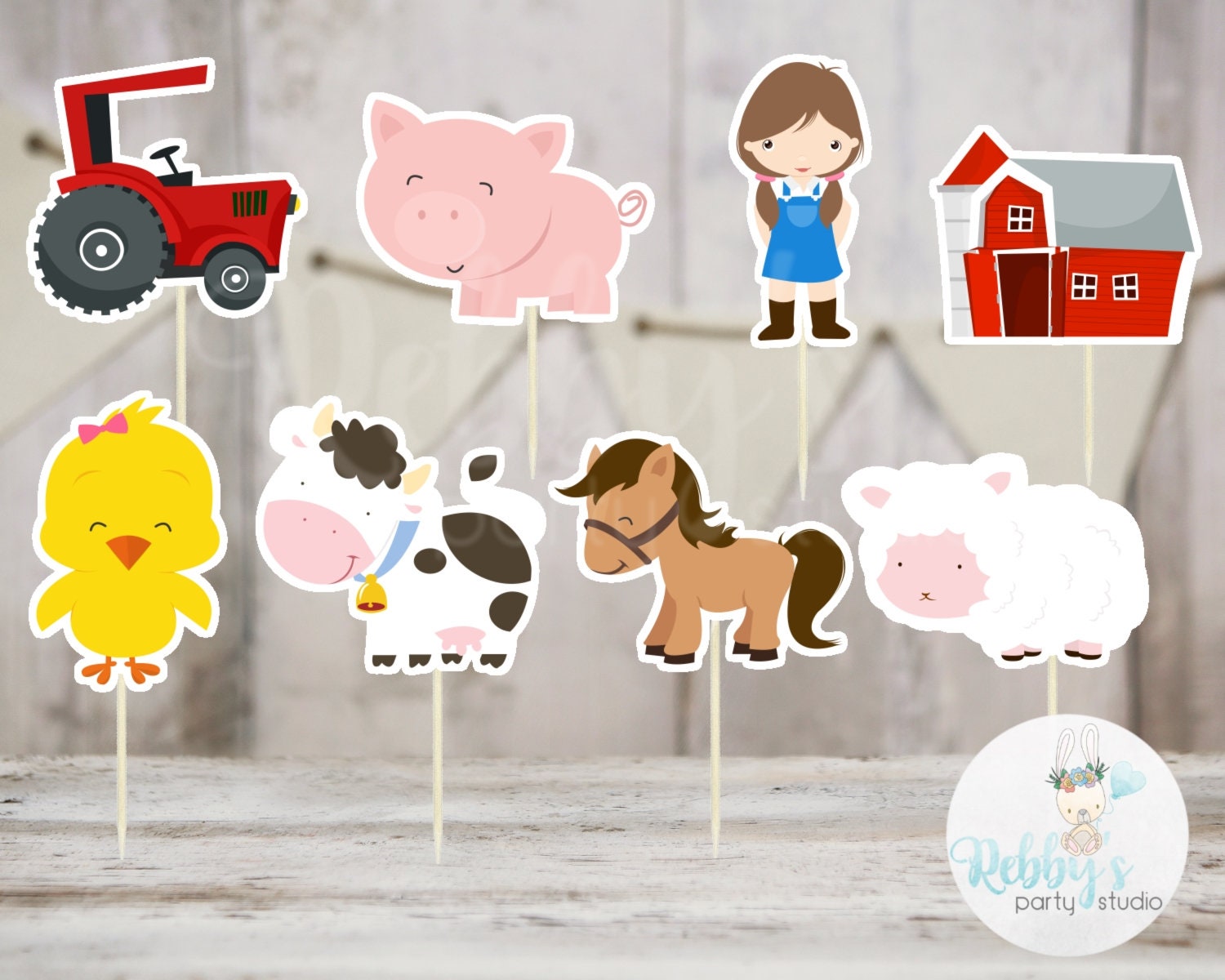 Girl Barnyard Theme Party - Set of 16 Assorted Farm Animals Cupcake Toppers #147