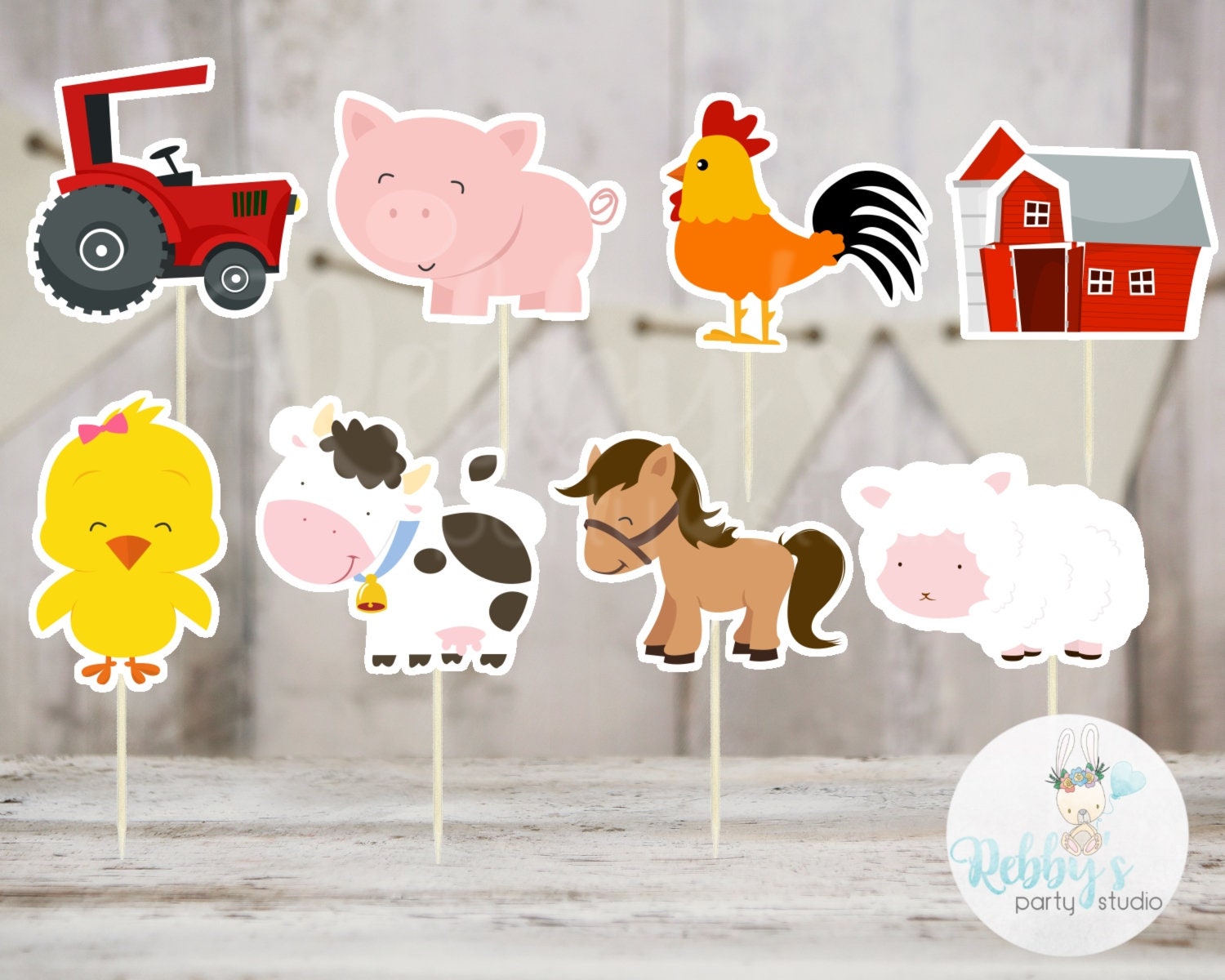 Girl Barnyard Theme Party - Set of 16 Assorted Farm Animals Cupcake Toppers #149