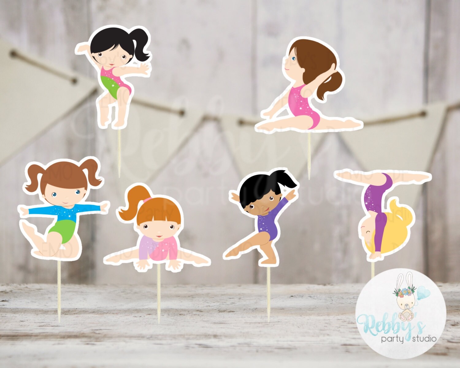 Girls Gymnastics Party - Set of 12 Assorted Girl Gymnast Cupcake Toppers