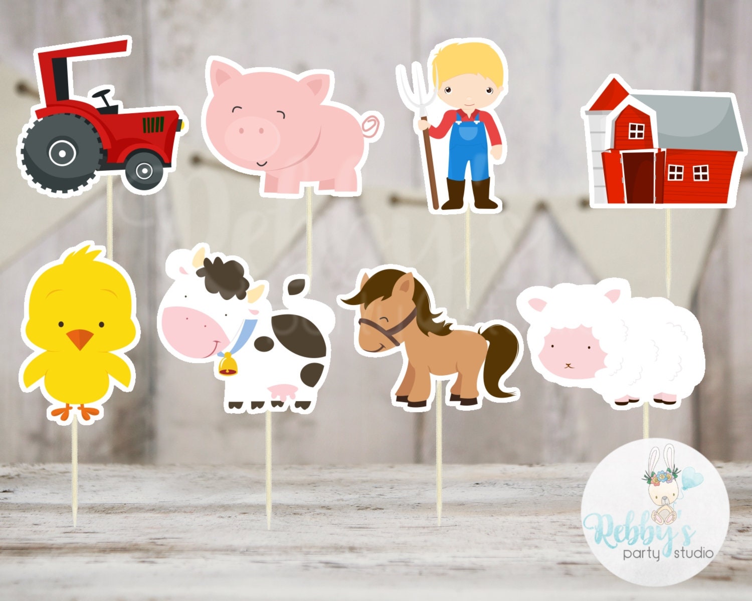 Boy Barnyard Theme Party - Set of 16 Assorted Farm Animals Cupcake Toppers #143