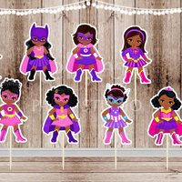 African American Superhero Girl Cupcake Toppers - Pink Party Decor (Set of 16)