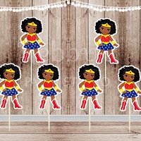 Superhero Girl Party - Set of 16 African American Wonder Girl Inspired Cupcake Toppers