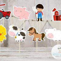 Boy Barnyard Theme Party - Set of 16 Assorted Farm Animals Cupcake Toppers #144