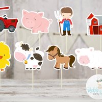 Boy Barnyard Theme Party - Set of 16 Assorted Farm Animals Cupcake Toppers #142