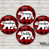 Personalized Buffalo Plaid Bear Pinback Button: Baby Shower Favor