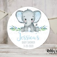 Elephant Baby Shower Blue Personalized Round Sticker