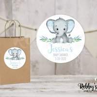 Elephant Baby Shower Blue Personalized Round Sticker