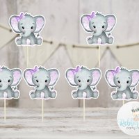 Girl Elephant Theme  - Set of 12 Purple Elephant Baby Shower Cupcake Toppers