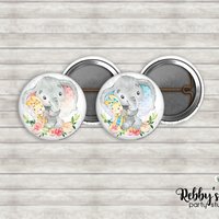 Elephant & Bunny Floral Pin Buttons – Baby Shower Party Favors (1 inch)