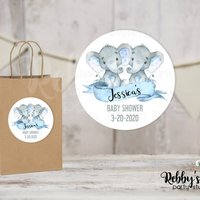 Twin Blue Baby Elephant Baby Shower Personalized Round Sticker