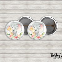 Elephant & Bunny Floral Pin Buttons – Baby Shower Party Favors (1 inch)