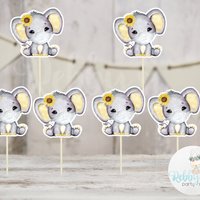 Sunflower Elephant Theme  - Set of 12 Yellow Elephant in Mask Baby Shower Cupcake Toppers
