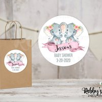 Baby Elephants Twin Girls Baby Shower Personalized Round Sticker