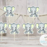 Boy Elephant Theme  - Set of 12 Yellow Elephant Baby Shower Cupcake Toppers