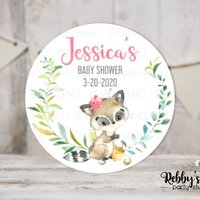Raccoon Girl Baby Shower Personalized Round Sticker