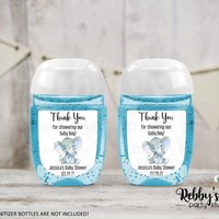 Personalized Blue Elephant Hand Sanitizer Labels - Baby Shower Favor Stickers