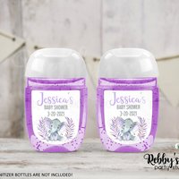 Purple Elephant Baby Shower Hand Sanitizer Labels, Personalized Stickers
