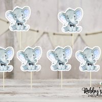 Boy Elephant Theme  - Set of 12 Blue Elephant with Tie Baby Shower Cupcake Toppers