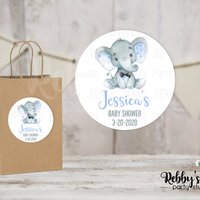 Baby Elephant Baby Shower Blue Personalized Round Sticker