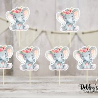 Floral Elephant Cupcake Toppers: Pink Peach Baby Shower Decor - Set of 12