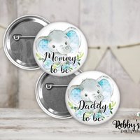 Elephant Baby Shower Pin: Blue Heart, Custom Family Name Badge