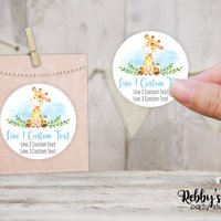 Giraffe Baby Shower Blue Personalized Round Sticker