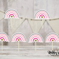 Pink Nordic Rainbow Cupcake Toppers - Baby Shower Birthday Party - Set of 12