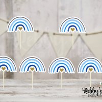 Blue Nordic Rainbow Cupcake Toppers: Baby Shower Birthday Party, Set of 12