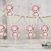 Girl Bear Baby Shower Cupcake Toppers - Pink & Brown - Set of 12