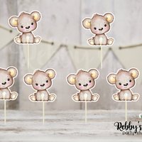 Bear Theme  - Set of 12 Yellow Brown Bear Baby Shower Cupcake Toppers